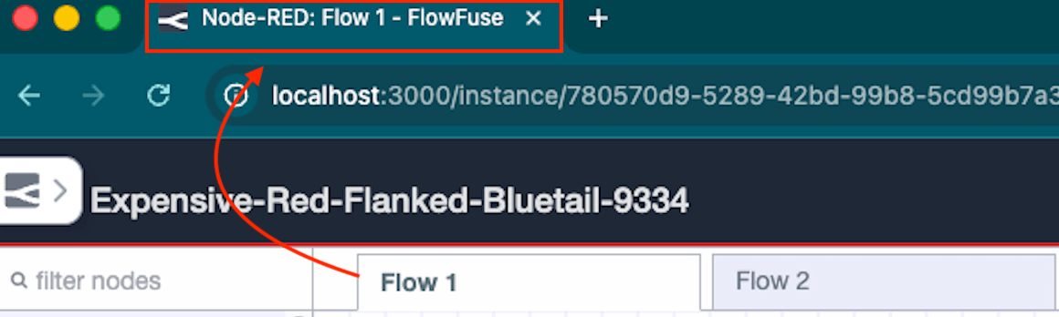 Browser tab showing "Node-RED: Flow 1 - FlowFuse" after the update