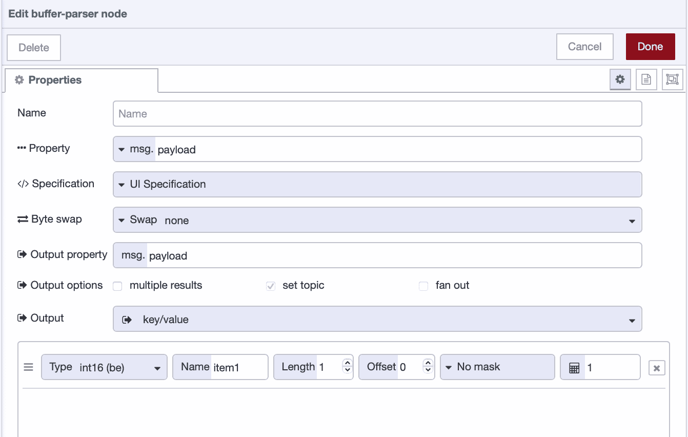 Buffer Parser node configuration showing weight, unit, and status flag fields mapped to their respective byte offsets