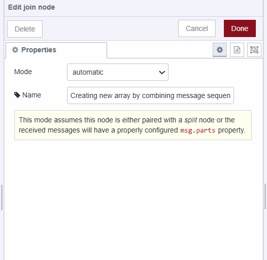 "Screenshot join node creating new array by combining message sequnce"