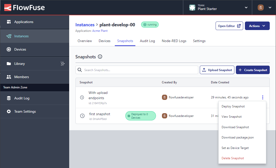 Instance Snapshots Table Menu