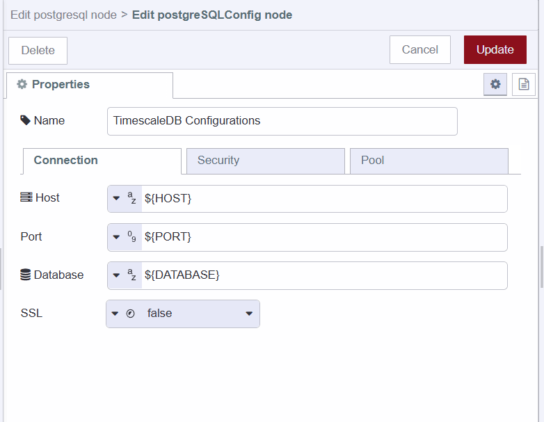 Screenshot showing PostgreSQL config node's connection tab "Screenshot showing PostgreSQL config node's connection tab"